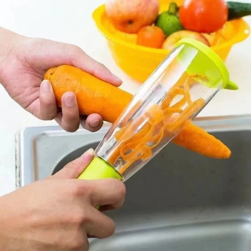 Pelador multifunción de manzana y verduras con tubo de almacenamiento