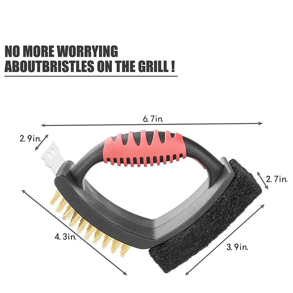 3 in 1 Grill Brush with Brass Bristles and Scraper - TRENDVYO