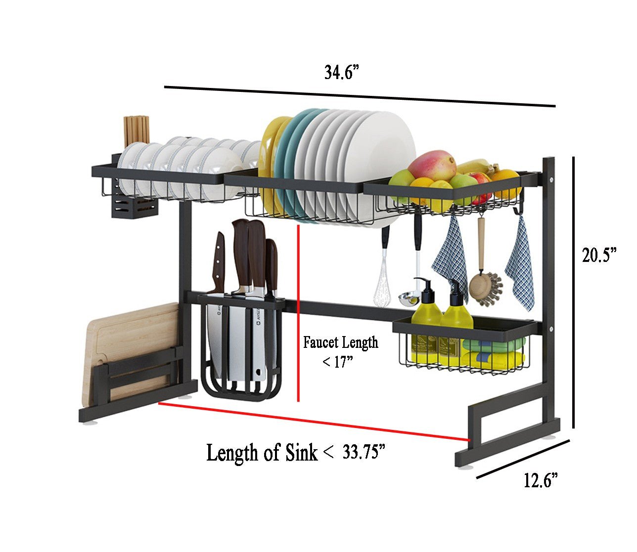 34.6" Stainless Steel Black Dish Drying Rack Over Kitchen Sink, Dishes and Utensils Draining Shelf - TRENDVYO