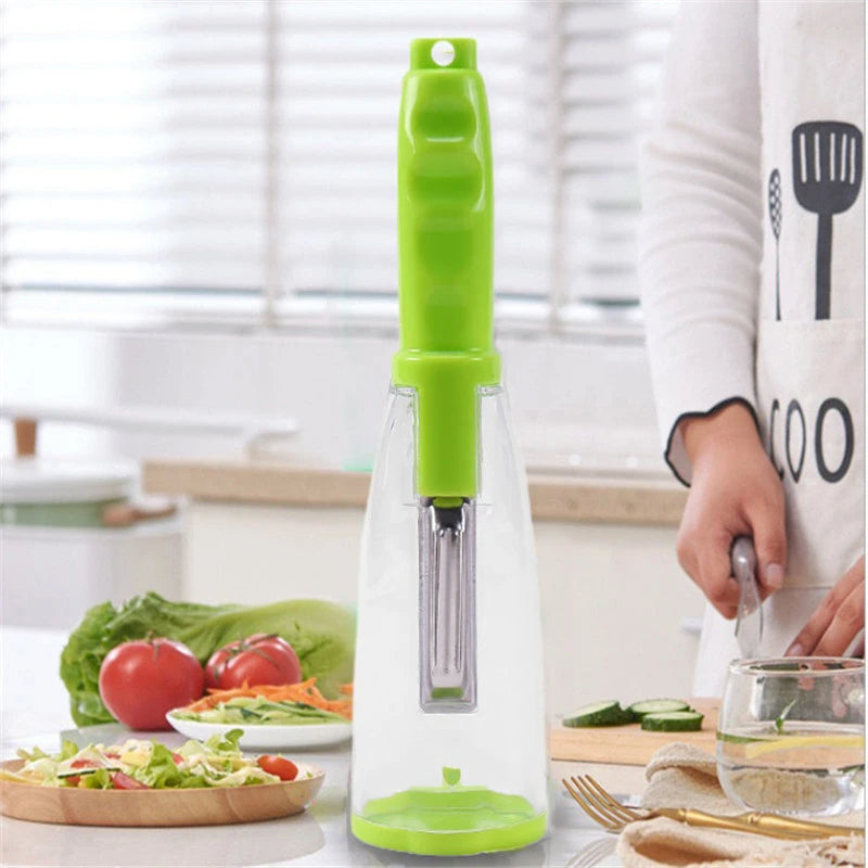 Pelador multifunción de manzana y verduras con tubo de almacenamiento
