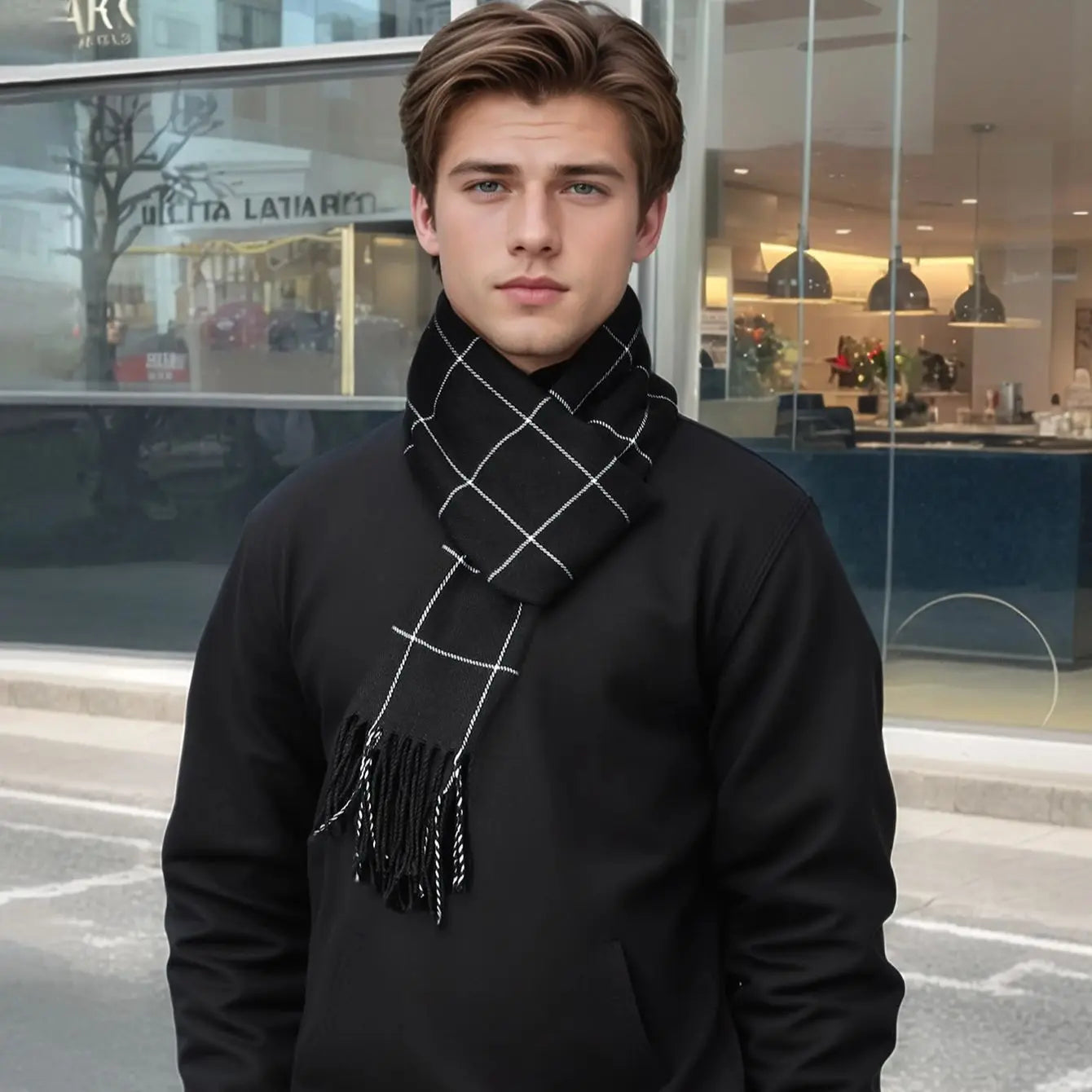 Bufanda de invierno de lujo de cachemira a cuadros para hombre
