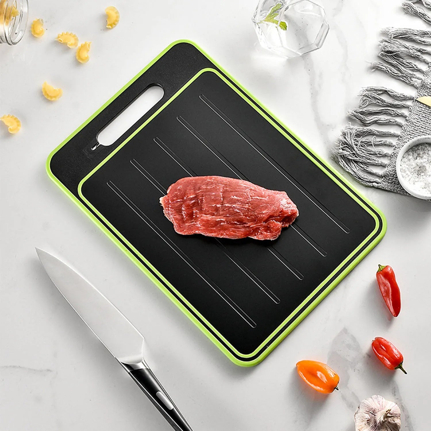 Tabla de cortar 4 en 1 con bandeja para descongelar y afilador de cuchillos