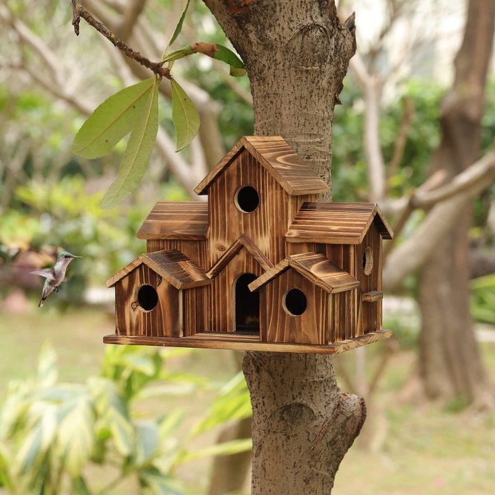 Handcrafted Wooden Birdhouse With 6 Holes - TRENDVYO