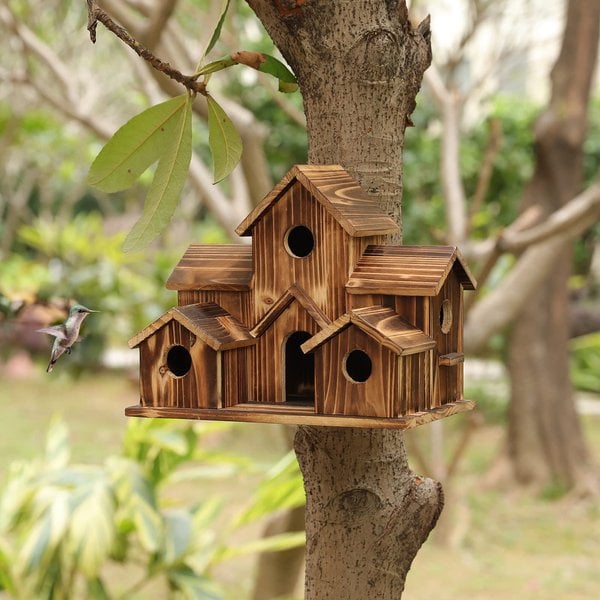 Handcrafted Wooden Birdhouse With 6 Holes - TRENDVYO