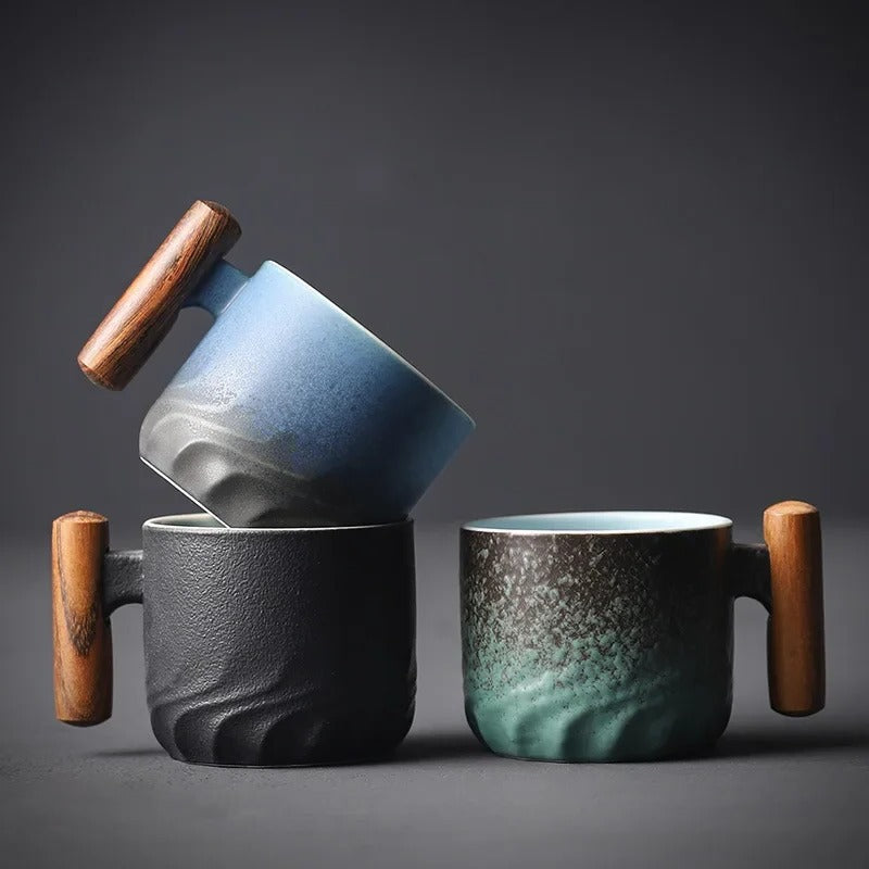 Tazas de café espresso vintage con mango de madera