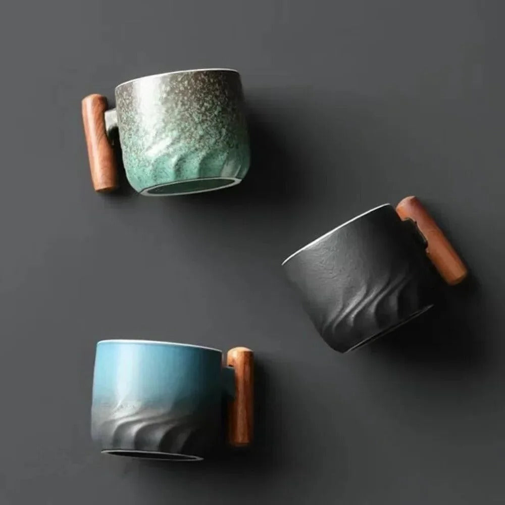 Tazas de café espresso vintage con mango de madera