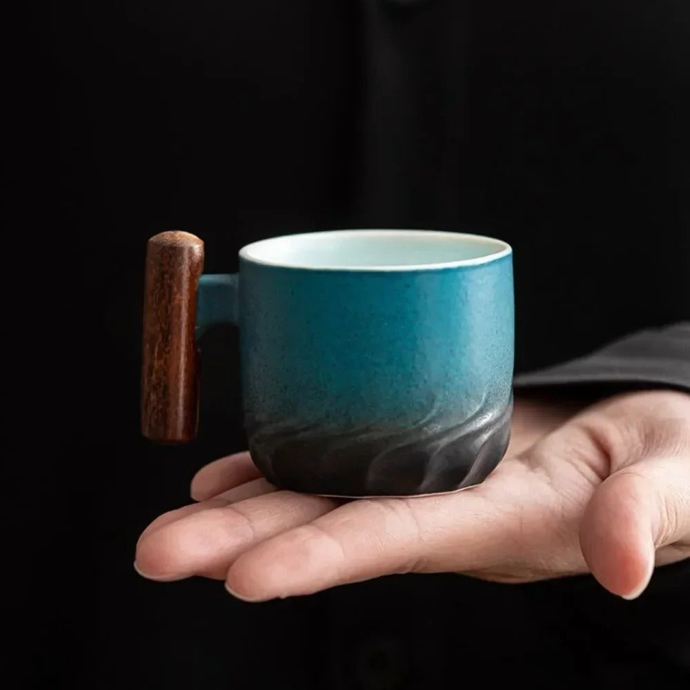 Tazas de café espresso vintage con mango de madera