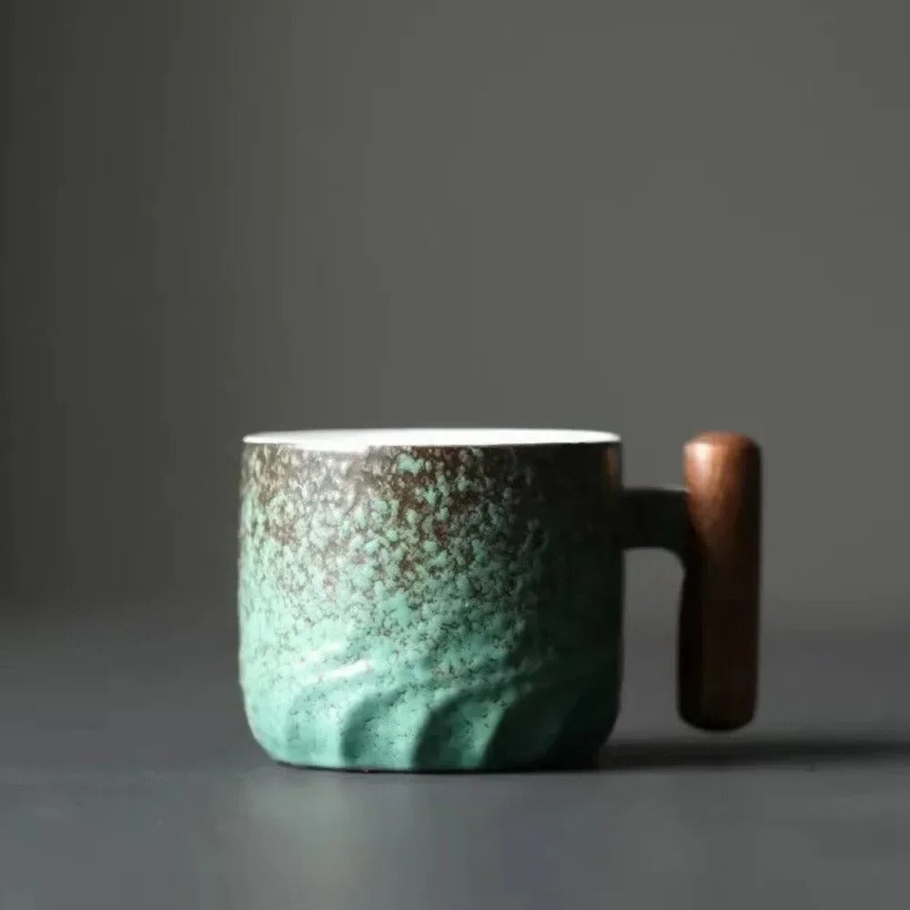 Tazas de café espresso vintage con mango de madera