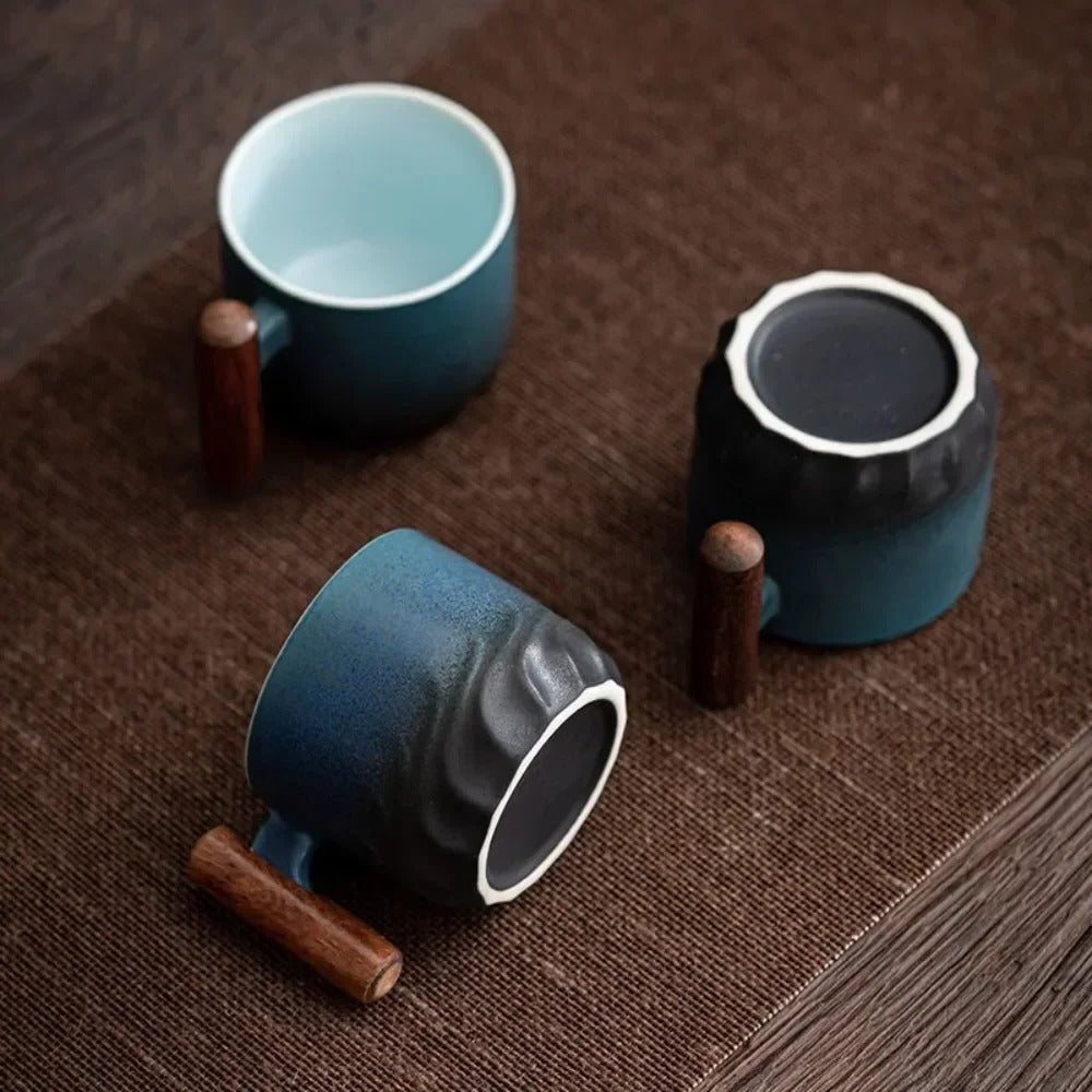 Tazas de café espresso vintage con mango de madera