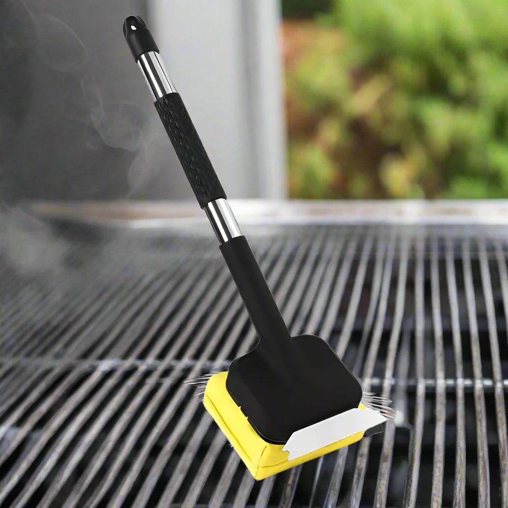 Cepillo para parrilla con limpieza a vapor y raspador