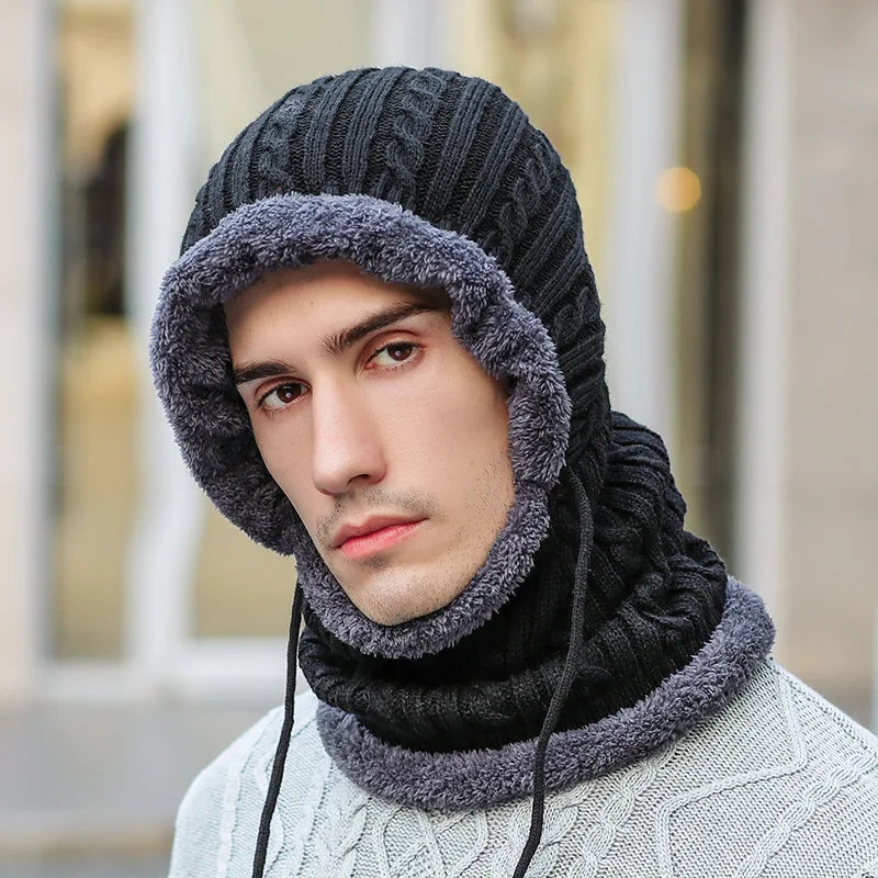 Gorro de punto de invierno tipo pasamontañas con bufanda