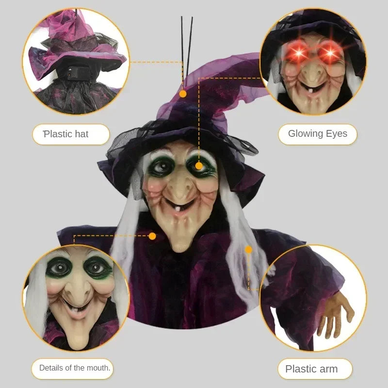 Decoración de bruja animada de Halloween con sonido y ojos que brillan