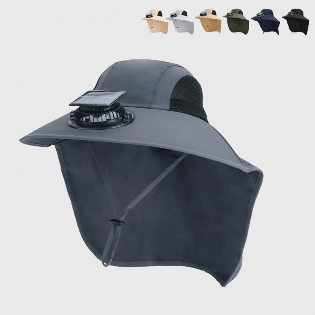 Gorra de ventilador solar con ala ancha y protección UV