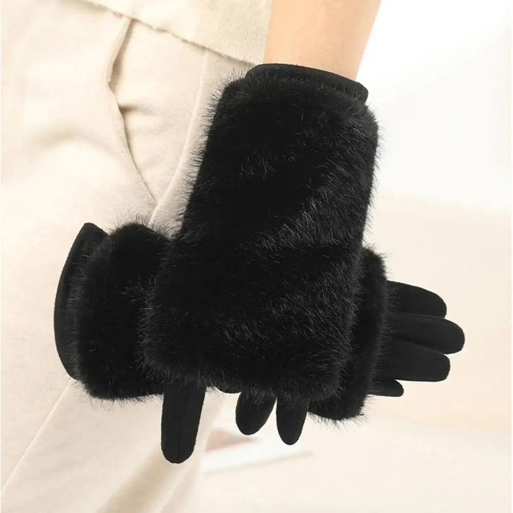 Guantes de invierno de gamuza con piel de conejo para pantalla táctil