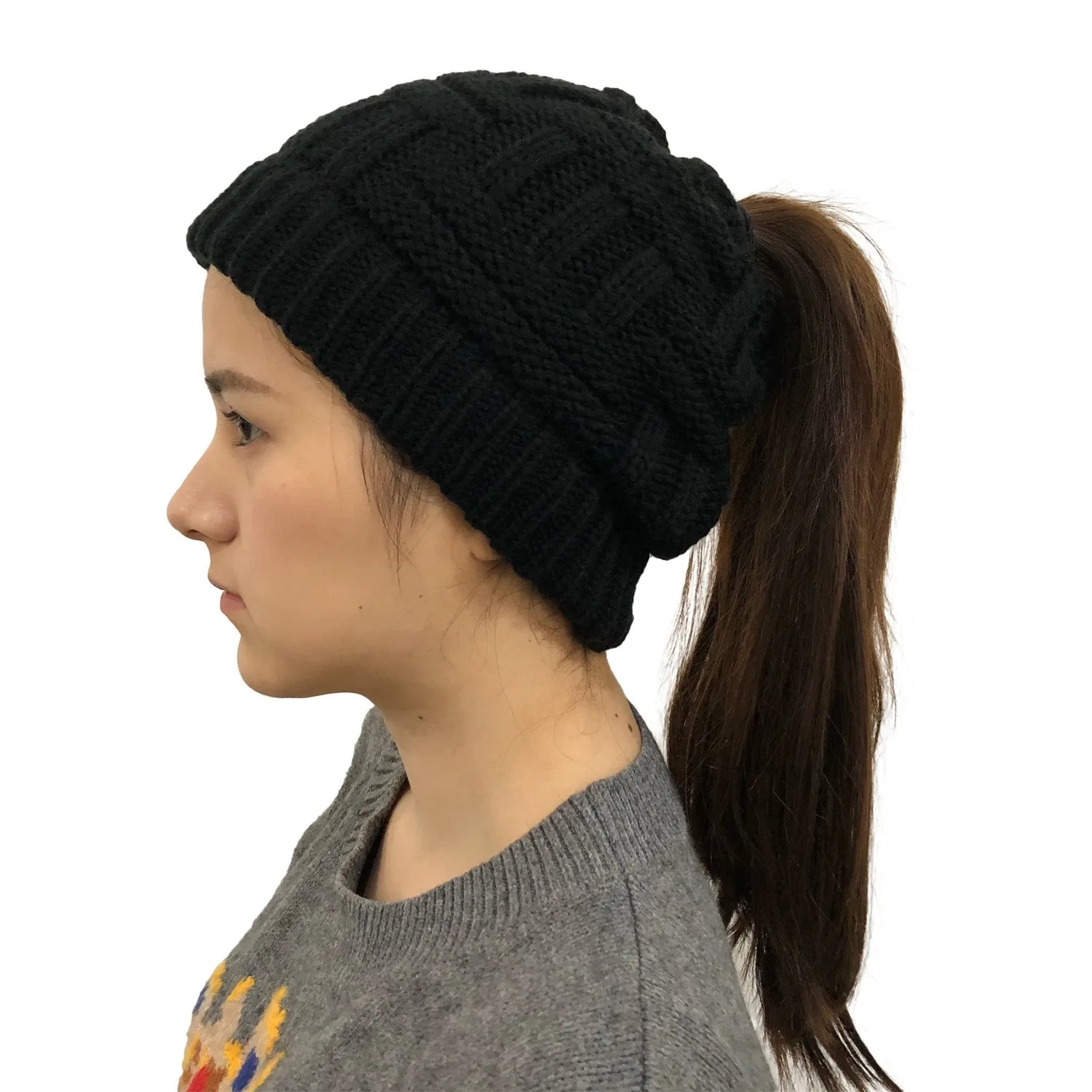 Gorro de punto de invierno para mujer, gorro de punto con cola de caballo
