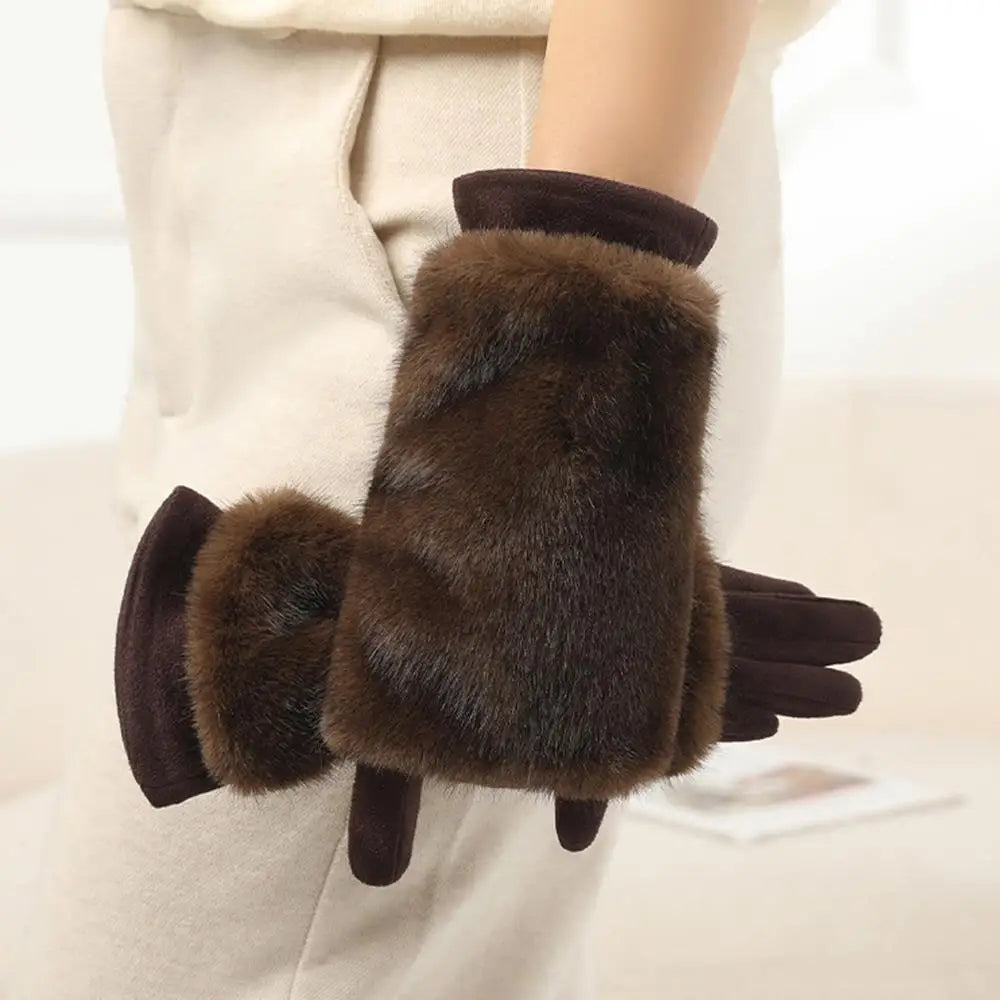 Guantes de invierno de gamuza con piel de conejo para pantalla táctil