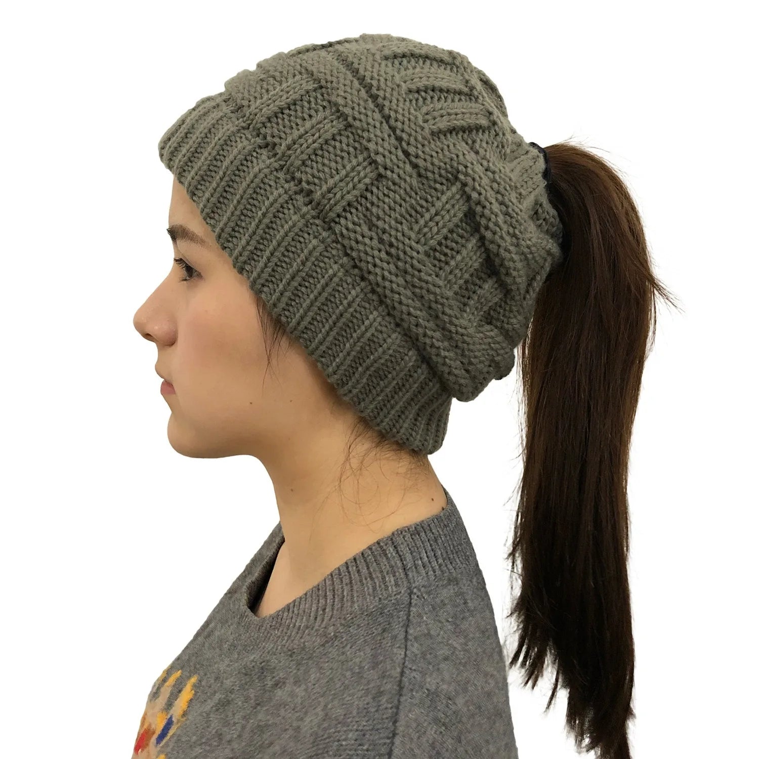 Gorro de punto de invierno para mujer, gorro de punto con cola de caballo