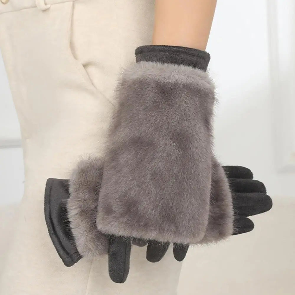 Guantes de invierno de gamuza con piel de conejo para pantalla táctil