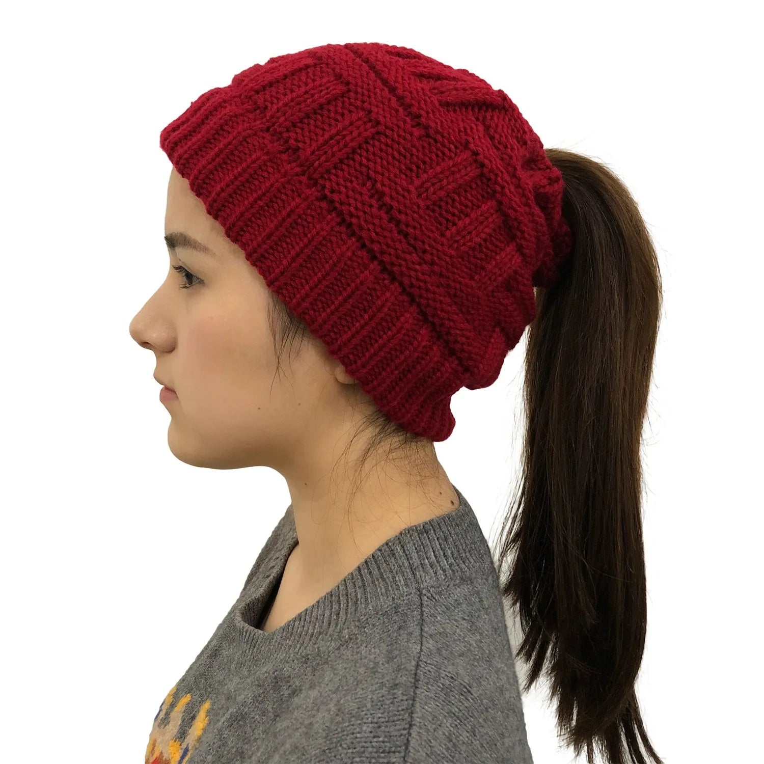 Gorro de punto de invierno para mujer, gorro de punto con cola de caballo