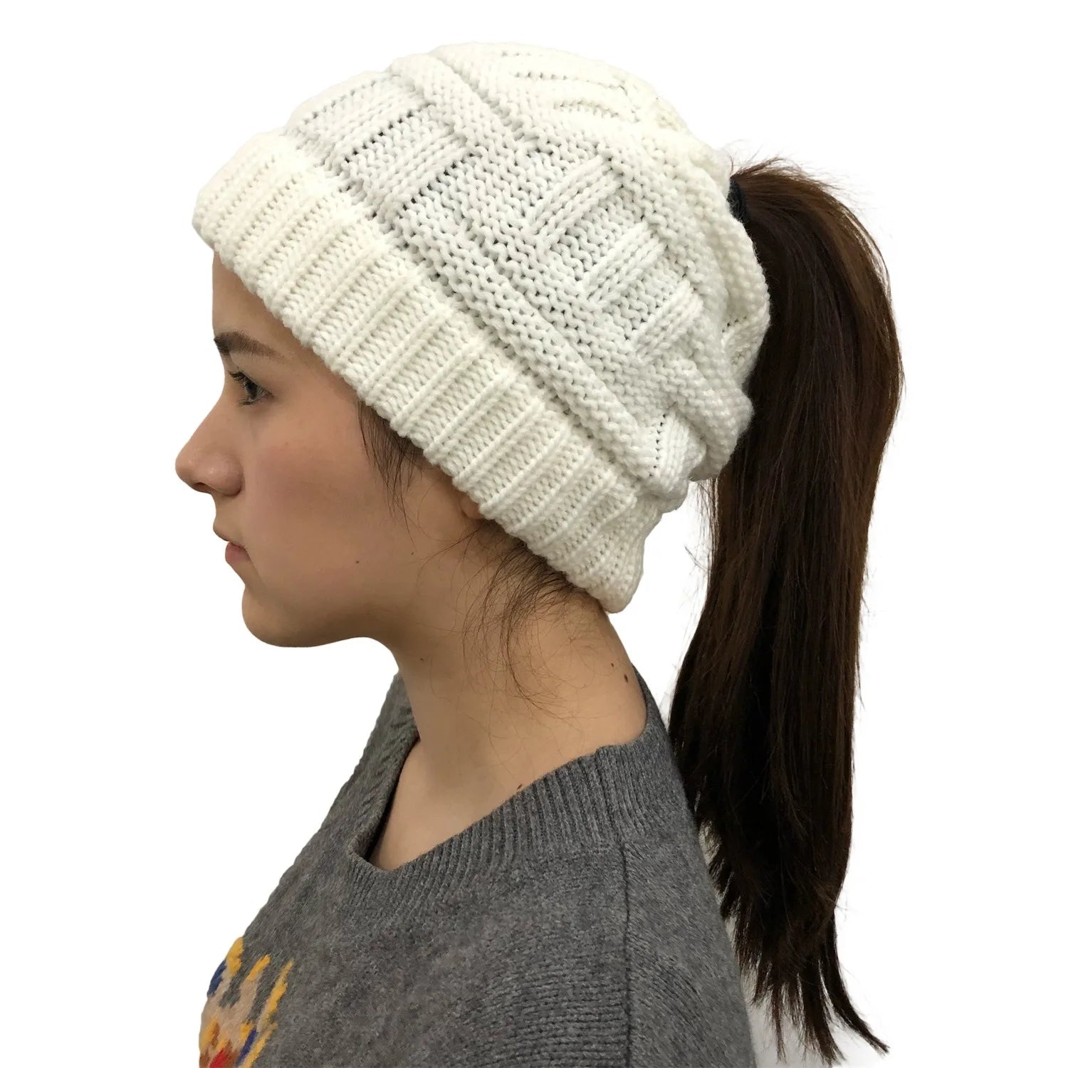 Gorro de punto de invierno para mujer, gorro de punto con cola de caballo