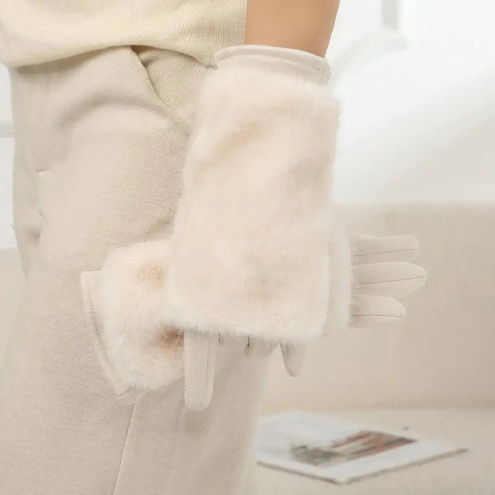Guantes de invierno de gamuza con piel de conejo para pantalla táctil