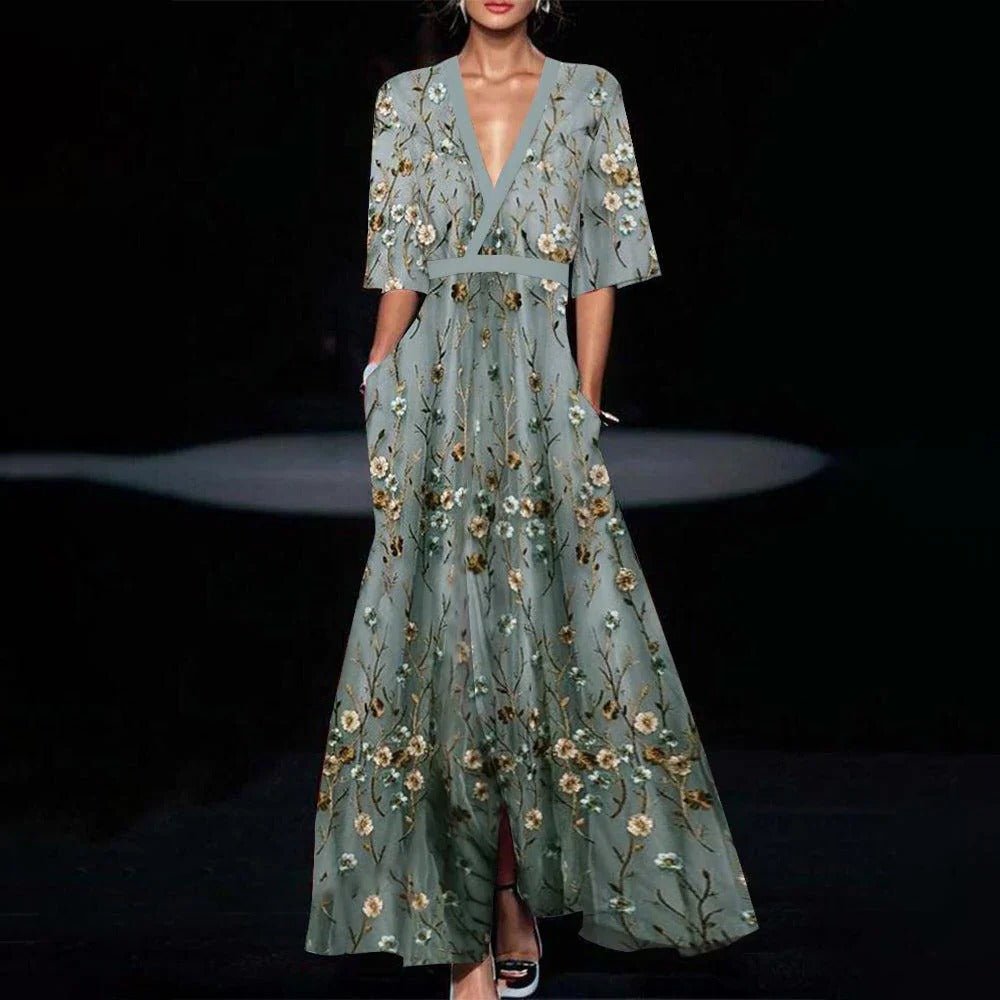 Youthful Green Long Dress with Half Sleeves - TRENDVYO
